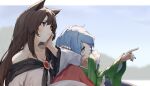  2girls animal_ears bare_shoulders blue_hair blue_nails blurry blurry_background brooch brown_hair day dress fingernails green_kimono hand_on_another&#039;s_arm hand_on_own_cheek hand_on_own_face highres imaizumi_kagerou japanese_clothes jewelry kimono lake long_fingernails long_hair long_sleeves mermaid misty_lake monster_girl multiple_girls off-shoulder_dress off_shoulder open_mouth outdoors pocche-ex pointing red_eyes red_nails short_hair sky sweatdrop touhou wakasagihime wolf_ears 