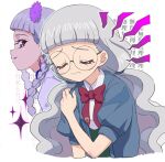  2girls blunt_bangs bow catchphrase closed_eyes closed_mouth collared_shirt commentary_request cropped_torso dual_persona exhausted freckles frown glasses grey_hair grey_jacket hand_on_own_shoulder idol_time_pripara jacket koda_michiru long_hair looking_at_viewer low_twintails miichiru_(pripara) moudoku_(decopon3rd) multiple_girls open_mouth pretty_(series) pripara profile red_bow red_eyes round_eyewear school_uniform shirt smile sparkle translation_request twintails upper_body very_long_hair wavy_hair white_shirt 
