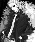  1boy black_gloves black_shirt black_suit blonde_hair closed_mouth cowboy_shot donquixote_doflamingo earrings eyepatch feather_coat gloves hands_on_own_hips highres jewelry looking_at_viewer male_focus monochrome necktie nisir0 one_piece shirt short_hair suit white_necktie 