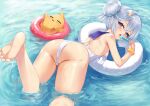  1girl afloat ass azur_lane bare_shoulders barefoot bird blue_eyes blush bracelet casual_one-piece_swimsuit chick feet food from_behind grey_hair hair_between_eyes hair_bun hair_ornament hairclip highres holding_popsicle ice_cream innertube itaba_atsushi jade_(a_lick_of_summer)_(azur_lane) jade_(azur_lane) jewelry licking looking_at_viewer looking_back manjuu_(azur_lane) mole mole_under_eye neckerchief official_alternate_costume one-piece_swimsuit popsicle sailor_collar sailor_one-piece_swimsuit single_hair_bun soles swimsuit toes water wet white_neckerchief white_one-piece_swimsuit 