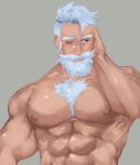  1boy abs bara bare_pectorals beard chest_hair cwazytvthings dislyte english_commentary facial_hair highres large_pectorals looking_to_the_side male_focus one_eye_closed pectorals pritzker_(mimir)_(dislyte) simple_background white_facial_hair white_hair 
