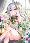  1girl bare_shoulders blush bracelet braid breasts cape crossed_legs crown_braid dress flower fukase_ayaka genshin_impact gradient_hair green_cape green_eyes green_hair hair_ornament jewelry leaf_hair_ornament long_hair looking_at_viewer multicolored_hair nahida_(genshin_impact) pointy_ears side_ponytail sidelocks sitting sleeveless sleeveless_dress small_breasts solo symbol-shaped_pupils thighs white_dress white_hair 