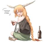  1girl :d alcohol_carton black_jacket blonde_hair blunt_bangs blush bocchi_the_rock! bottle braid braided_ponytail closed_eyes cosplay elbow_on_knee english_text fang from_behind full_body geta green_skirt hair_ribbon hiroi_kikuri hiroi_kikuri_(cosplay) holding_carton horns ibuki_suika jacket long_hair long_sleeves looking_back multicolored_clothes multicolored_jacket off_shoulder oni_horns raised_eyebrows red_ribbon ribbon sake_bottle simple_background single_bare_shoulder sitting skirt smile solo sparkle71059204 speech_bubble touhou two-tone_jacket very_long_hair white_background white_jacket 