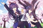  2girls absurdres blue_sky bow cherry_blossoms city date_a_live food grass hair_bow hand_up highres holding_ice_cream_cone ice_cream ice_cream_cone light_rays long_hair looking_at_viewer multiple_girls open_mouth purple_eyes purple_hair raizen_high_school_uniform red_ribbon ribbon school_uniform seventh-natsu sky smile straight_hair thighhighs tree uniform yatogami_tenka yatogami_tooka 