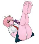  1girl ashido_mina bare_legs barefoot black_sclera boku_no_hero_academia cellphone colored_sclera colored_skin feet highres legs_up looking_at_viewer panties phone pink_skin school_uniform skirt smartphone smile softhanten soles solo thighs toes underwear white_panties 
