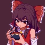  1girl ascot bare_shoulders bow bowl brodall_pixel brown_background brown_eyes brown_hair chopsticks collared_shirt detached_sleeves food food_request hair_between_eyes hair_bow hair_tubes hakurei_reimu hands_up holding holding_bowl holding_chopsticks long_sleeves looking_at_food medium_hair parted_lips pixel_art red_bow red_shirt ribbon-trimmed_sleeves ribbon_trim shirt sidelocks simple_background sleeveless sleeveless_shirt solo soup steam touhou upper_body white_sleeves yellow_ascot 