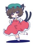  1girl :3 :d animal_ear_fluff animal_ears bow bowtie breasts brown_eyes brown_hair cat_ears cat_tail chahan_(fried_rice0614) chen chibi clenched_hands dress earrings fang full_body hat highres jewelry looking_at_viewer mob_cap multiple_tails nekomata open_mouth petticoat red_dress shadow short_hair simple_background single_earring slit_pupils small_breasts smile solo standing standing_on_one_leg tail touhou two_tails v-shaped_eyebrows white_background yellow_bow yellow_bowtie 