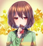  1other artist_name black_shirt blue_hair blush brown_hair chara_(undertale) closed_mouth collared_shirt colored_inner_hair eating food green_sweater hair_between_eyes hand_up heart heart_necklace holding holding_food jewelry long_sleeves looking_to_the_side multicolored_hair necklace puffy_long_sleeves puffy_sleeves red_eyes sasucchi95 shirt short_hair single_stripe solo standing star_(symbol) starry_background striped striped_sweater sweater undertale v-shaped_eyebrows yellow_background 