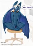  2023 anthro azrunin bat blush clothing computer english_text front_view hi_res looking_at_viewer male mammal nightswing nipples office shirtless sitting smile solo spacebat text underwear wings 