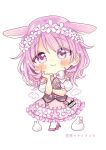  1girl :t animal_ears bare_shoulders blush bow character_request chibi closed_mouth flower frilled_skirt frills full_body hair_flower hair_ornament hand_up high_heels highres looking_at_viewer pantyhose pink_eyes pink_footwear pink_hair pink_skirt puffy_short_sleeves puffy_sleeves rabbit_ears sakura_oriko shoes short_sleeves simple_background skirt solo standing standing_on_one_leg takasaki-sen_meguri translation_request white_background white_bow white_flower white_pantyhose white_sleeves 