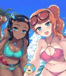  2girls :o absurdres alolan_exeggutor aqua_eyes aqua_hair bikini black_hair blush bracelet breasts cleavage cloud commentary_request dark-skinned_female dark_skin day earrings eyewear_on_head hair_bun hair_ornament heart heart_hair_ornament heart_o-ring heart_ring_top highres hoop_earrings jewelry kasai_shin long_hair looking_at_viewer multicolored_hair multiple_girls navel necklace nessa_(pokemon) o-ring o-ring_bottom open_mouth orange_hair outdoors poke_ball poke_ball_(basic) pokemon pokemon_(creature) pokemon_swsh side_ponytail single_hair_bun sky sonia_(pokemon) sunglasses swimsuit teeth tongue two-tone_hair waist_poke_ball yamper 