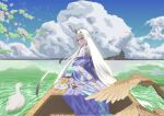  1girl absurdres animal bananabeta bird blue_kimono boat cherry_blossoms cloud cloudy_sky duck fairy_knight_lancelot_(dream_portrait)_(fate) fate/grand_order fate_(series) forked_eyebrows gradient_hair hair_ornament highres horizon japanese_clothes karaginu_mo kimono layered_clothes layered_kimono long_hair long_sleeves looking_at_viewer looking_back melusine_(fate) multicolored_clothes multicolored_hair multicolored_kimono obi official_alternate_costume patterned_clothing petals sash sidelocks sitting sky skyline solo very_long_hair water watercraft white_hair wide_sleeves yellow_eyes 