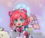  1girl :d annie_(league_of_legends) apron bow bowtie buttons cafe_cuties_annie cup double-breasted double_bun dress green_dress green_eyes hair_bow hair_bun league_of_legends long_sleeves multicolored_background phantom_ix_row pink_background pink_bow pink_bowtie pink_hair smile solo swept_bangs table teeth upper_teeth_only waist_apron waving white_bow 
