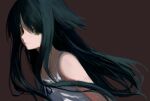  1girl arms_behind_back bare_shoulders black_hair black_ribbon brown_background closed_mouth commentary dress empty_eyes expressionless floating_hair from_side green_eyes hair_flaps highres leaning_forward long_hair looking_at_viewer looking_to_the_side momokumo pale_skin ribbon saya_(saya_no_uta) saya_no_uta sidelocks simple_background solo spaghetti_strap sundress upper_body white_dress 
