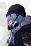  1girl agent_416_(girls&#039;_frontline) blue_hair blue_jacket blunt_bangs commentary_request flugel_(kaleido_scope-710) from_side girls&#039;_frontline green_eyes highres hk416_(girls&#039;_frontline) jacket light_blue_hair long_hair long_sleeves mask police respirator solo tom_clancy&#039;s_the_division upper_body 