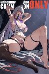  1girl angry arm_strap armpits arms_behind_head barefoot black_shorts black_thighhighs breasts cleavage colored_inner_hair commission feet genderswap genderswap_(mtf) grey_jacket hair_behind_ear highres humanization jacket kamitoge_supino knee_up large_breasts legs long_hair looking_at_viewer megatron multicolored_hair navel no_shoes parted_lips pubic_tattoo red_hair shorts single_barefoot single_thighhigh sitting skindentation solo tattoo thigh_strap thighhighs thong toes torn_clothes torn_shorts torn_thighhighs transformers v-shaped_eyebrows very_long_hair watermark 