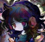  1girl :&lt; abstract abstract_background black_hair dot_nose expressionless green_shirt headphones highres kitoral medium_hair messy_hair multicolored_hair multicolored_shirt no_pupils original outline psychedelic purple_eyes shirt solo 