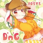 1girl album_cover arms_behind_head blonde_hair brown_headwear cabbie_hat cover dango eyelashes food frilled_shirt frilled_shorts frills game_cg green_background hat iosys kito_(sorahate) light_blush looking_at_viewer midriff mouth_hold navel official_art orange_shirt outline pleated_shirt polka_dot polka_dot_background puffy_cheeks red_eyes ringo_(touhou) shirt short_hair short_sleeves shorts smile solo stalk_in_mouth striped striped_shorts touhou touhou_cannonball tsukimi_dango vertical-striped_shorts vertical_stripes wagashi white_outline yellow_shorts 