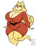  2023 absurd_res adelina_(superix) anthro breasts canid canine canis clothing domestic_dog female fingers fur hi_res mammal pomeranian solo spitz superix tail yellow_body yellow_eyes yellow_fur 