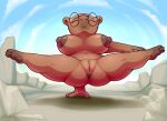  2023 absurd_res anthro anus big_breasts biped breasts brown_body brown_fur brown_nipples capybara caviid cloud digital_media_(artwork) eyes_closed female fur genitals hi_res loimu mammal nipples nude pussy rock rodent sky solo yoga 