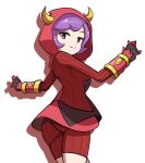  1girl ass breasts closed_mouth commentary_request courtney_(pokemon) dress eyelashes fake_horns gloves highres hood hood_up hooded_vest hoodie horns looking_at_viewer pokemon pokemon_(game) pokemon_oras purple_eyes purple_hair saon101 short_hair smile solo split_mouth sweater sweater_dress team_magma team_magma_uniform vest white_background 