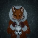  2021 alice_the_vixen anthro canid canine clothing coat female fox fur gloves handwear hi_res holding_object human hybrid mammal mask multicolored_body multicolored_fur open_mouth parka raspberylfairy snow solo standing teeth tiny_bunny topwear winter winter_coat yellow_eyes 