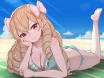  1girl absurdres aqua_bikini barefoot beach bikini blade_ride blue_sky bow breasts brown_eyes cloud commentary_request day drill_hair fire_emblem fire_emblem_awakening frilled_bikini frills hair_bow hand_on_own_face head_tilt highres large_breasts light_brown_hair lying maribelle_(fire_emblem) on_stomach outdoors ringlets sky solo swimsuit 