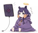  1girl 1other =_= ao-chan_(ninomae_ina&#039;nis) barefoot blue_eyes blunt_bangs cable closed_mouth cookie crumbs eating emphasis_lines food food_on_face halo hololive hololive_english hood hoodie long_hair looking_afar ninomae_ina&#039;nis open_mouth plug purple_hair purple_hoodie simple_background sitting sitting_on_lap sitting_on_person takodachi_(ninomae_ina&#039;nis) tentacle_hair toes translation_request virtual_youtuber white_background yuuyu_(777) 
