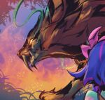  1girl colored_skin embers flower from_behind grass green_skin hair_flower hair_ornament league_of_legends multicolored_background neeko_(league_of_legends) nidalee phantom_ix_row pink_flower pink_hair portrait profile purple_hair yellow_eyes 