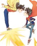  2boys absurdres atom_(pluto) black_hair blue_eyes bodysuit cape character_request child crossover dc_comics denim flying gozerdor highres jacket jeans jonathan_kent leotard looking_at_another male_focus multiple_boys open_mouth pants pluto_(manga) pluto_(tetsuwan_atom) red_footwear red_shirt shirt short_hair superboy superhero superman_(series) torn_clothes torn_jeans torn_pants white_background yellow_jacket 