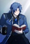  1boy ascot blue_ascot blue_coat blue_gemstone blue_hair blue_pants blue_theme book chesed_(project_moon) closed_mouth coat collared_shirt cup gem highres holding holding_book holding_cup jyanjyan library_of_ruina long_hair low_ponytail male_focus mug pants parted_bangs project_moon reading shirt smile solo steam yellow_eyes 