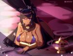  1girl animal_ear_fluff animal_ears arm_under_breasts bare_shoulders black_hair blue_bow blue_hairband bow breasts cleavage commission dark-skinned_female dark_skin egyptian_clothes english_commentary gold_bracelet hair_bow hair_ornament hairband highres jewelry large_breasts light_rays long_hair looking_at_viewer original psidubs purple_eyes rabbit_ears sidelocks smile solo sunbeam sunlight swept_bangs twitter_username usekh_collar 