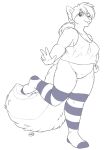  2015 anthro belly big_tail biped black_and_white blep bottomless bottomless_female breasts chubby_female clothed clothing eyebrows female fluffy fluffy_tail genitals hair hi_res legwear looking_at_viewer malachyte mammal mephitid monochrome on_one_leg one_eye_closed pattern_clothing pattern_legwear pattern_stockings ponytail pussy shirt simple_background sketch skunk solo standing stockings striped_clothing striped_legwear striped_stockings stripes tail taki_(takikuroi) tank_top thick_thighs tongue tongue_out topwear white_background wink winking_at_viewer 
