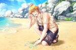  1boy bad_source beach blonde_hair blue_sky fingernails game_cg green_eyes hair_between_eyes highres looking_at_viewer male_focus official_art on_one_knee open_mouth sandals shinomiya_natsuki_(uta_no_prince-sama) shore short_sleeves shorts sky toenails toes uta_no_prince-sama uta_no_prince-sama:_shining_live 