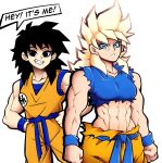 abs alternate_muscle_size black_eyes black_hair blonde_hair breasts clenched_hands commentary cosplay crop_top dougi dragon_ball dragon_ball_minus dragon_ball_z dual_persona english_text furrowed_brow gine green_eyes grin hands_on_own_hips highres kermittend medium_breasts muscular muscular_female navel pants serious shirt smile son_goku son_goku_(cosplay) super_saiyan super_saiyan_1 torn_clothes torn_pants torn_shirt wristband 