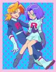  blonde_hair blue_background blue_hair boots cassidy_(pokemon) dots genderswap genderswap_(ftm) genderswap_(mtf) green_eyes highres james_(pokemon) looking_at_viewer macchiromomomo naughty_face pokemon pokemon_(anime) purple_eyes sitting sitting_on_person smile team_rocket team_rocket_uniform 