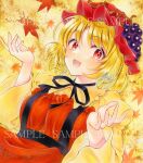  1girl alto2019 apron autumn_leaves black_ribbon blonde_hair grape_hat_ornament long_sleeves looking_at_viewer marker_(medium) neck_ribbon red_apron red_eyes red_headwear ribbon sample_watermark shirt short_hair smile solo touhou traditional_media watermark wide_sleeves yellow_shirt 