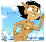  anthro bikini black_hair bouncing_breasts breasts clothing dbaru domestic_cat felid feline felis female fur gold_bikini green_eyes hair hi_res kitty_katswell mammal nickelodeon partially_submerged running solo splash swimwear t.u.f.f._puppy tan_body tan_fur water wet 