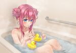  1girl absurdres bath bathing bathroom bathtub blue_eyes blush bocchi_the_rock! breasts closed_mouth collarbone completely_nude double_bun gotou_hitori hair_bun hands_up highres indoors knees_up large_breasts looking_at_object nude partially_submerged pink_hair rainbow--chaser rubber_duck sidelocks sitting solo steam water wet wet_hair 
