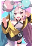  1girl :d blush bow-shaped_hair breasts character_hair_ornament claw_pose collarbone commentary_request eyelashes green_hair grey_shirt hair_ornament hands_up iono_(pokemon) jacket long_hair multicolored_hair open_mouth pink_hair pokemon pokemon_(game) pokemon_sv pon_tanuki_(ga7fsrge9jxblaw) shirt single_leg_pantyhose sleeveless sleeveless_shirt smile solo star_(symbol) star_print teeth thigh_strap tongue two-tone_hair upper_teeth_only yellow_jacket 