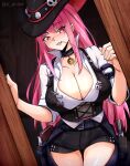  1girl absurdres belt black_choker black_skirt breasts choker cleavage commentary contrapposto corset cowboy_shot english_commentary grin gun handgun hat highres hololive hololive_gamers holster huge_breasts jrpulse large_breasts long_hair mixed-language_commentary mori_calliope pink_hair pink_lips red_eyes shirt short_sleeves skirt smile solo thigh_gap thighs weapon white_shirt 
