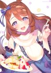  1girl :d animal_ears artist_name blue_bow blue_eyes bow breasts brown_hair commentary_request ear_bow food fork highres holding holding_fork holding_plate horse_ears horse_girl horse_tail large_breasts long_hair looking_at_viewer open_mouth pancake plate simple_background smile solo super_creek_(umamusume) sweater tail umamusume white_background white_sweater yamazaki_mihiro 