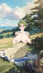  1girl absurdres artist_name blanket blurry blurry_foreground blush breasts brown_shirt brown_skirt closed_mouth cloud cloudy_sky commentary commission dappled_sunlight day food four_murasame fruit grapes grass green_eyes green_hair gundam high-waist_skirt highres horizon large_breasts looking_at_viewer nipples no_bra open_clothes open_shirt opened_by_self outdoors pixiv_commission puffy_short_sleeves puffy_sleeves r3dfive shirt short_hair short_sleeves sitting skirt sky smile solo sunlight tree zeta_gundam 
