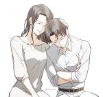  1boy 1girl affectionate alternate_universe black_hair breasts closed_eyes collared_shirt comforting crossed_arms headpat kuchel_ackerman leaning_on_person levi_(shingeki_no_kyojin) long_hair mother_and_son shingeki_no_kyojin shirt short_hair simple_background smile taso_(harutsukimikan) 