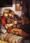  2boys bara bedroom black_hair blonde_hair collared_shirt couple cris_art cuddling dark_room denim feet_out_of_frame hand_in_another&#039;s_hair hand_on_another&#039;s_arm hand_on_another&#039;s_hand hand_on_another&#039;s_head heads_together hood hoodie hulkling jeans male_focus marvel merchandise multiple_boys on_bed pants poster_(object) shirt short_hair sideburns sitting the_legend_of_zelda thick_eyebrows wiccan yaoi 