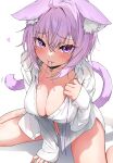  1girl animal_ear_fluff animal_ears blush breasts cat_ears cat_girl cat_tail cleavage collarbone commentary_request eru_(l_illust45) hair_between_eyes heart highres hololive large_breasts looking_at_viewer nekomata_okayu nekomata_okayu_(4th_costume) purple_eyes purple_hair shirt simple_background solo tail virtual_youtuber white_background white_shirt 