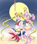  2girls bell bishoujo_senshi_sailor_moon blonde_hair blue_eyes blue_sailor_collar bow bowtie brooch chibi_usa choker cone_hair_bun crystal_carillon double_bun elbow_gloves full_body full_moon gloves hair_bun heart heart_brooch heart_choker heart_wand highres jewelry kinfuji leotard long_hair moon multicolored_clothes multicolored_skirt multiple_girls on_one_knee parted_bangs pink_hair pink_sailor_collar pleated_skirt red_bow red_bowtie red_eyes red_footwear sailor_chibi_moon sailor_collar sailor_moon sailor_senshi_uniform skirt sleeveless standing super_sailor_chibi_moon super_sailor_moon tsukino_usagi twintails very_long_hair wand white_gloves white_leotard yellow_choker 