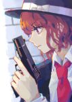  1girl bow brick_wall brown_eyes brown_hair close-up collared_shirt formal frown glock gun handgun hat hat_bow highres holding holding_gun holding_weapon necktie parted_lips profile red_necktie shirt solo suit touhou upper_body usami_renko wasabisuke weapon white_bow 