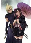  1boy 1girl black_gloves black_hair black_kimono black_thighhighs blonde_hair blue_eyes closed_mouth cloud_strife commentary cowboy_shot elbow_gloves english_commentary final_fantasy final_fantasy_vii final_fantasy_vii_ever_crisis final_fantasy_vii_remake flower gloves hair_behind_ear hair_flower hair_ornament hakama hakama_pants hand_on_another&#039;s_shoulder highres holding holding_sword holding_umbrella holding_weapon japanese_clothes katana kimono long_hair long_sleeves looking_at_another obi official_alternate_costume oil-paper_umbrella pants pudelmudel rain red_eyes red_flower red_lips samurai sash sheath sheathed short_kimono single_sidelock spiked_hair swept_bangs sword thighhighs tifa_lockhart tifa_lockhart&#039;s_exotic_dress turtleneck umbrella weapon wide_sleeves zettai_ryouiki 