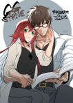  1boy 1girl abs book breasts brown_hair couple glasses green_eyes guilty_gear guilty_gear_strive highres hug husband_and_wife jack-o&#039;_valentine jewelry kusu_(moo1225) lab_coat looking_at_viewer necklace red_hair 